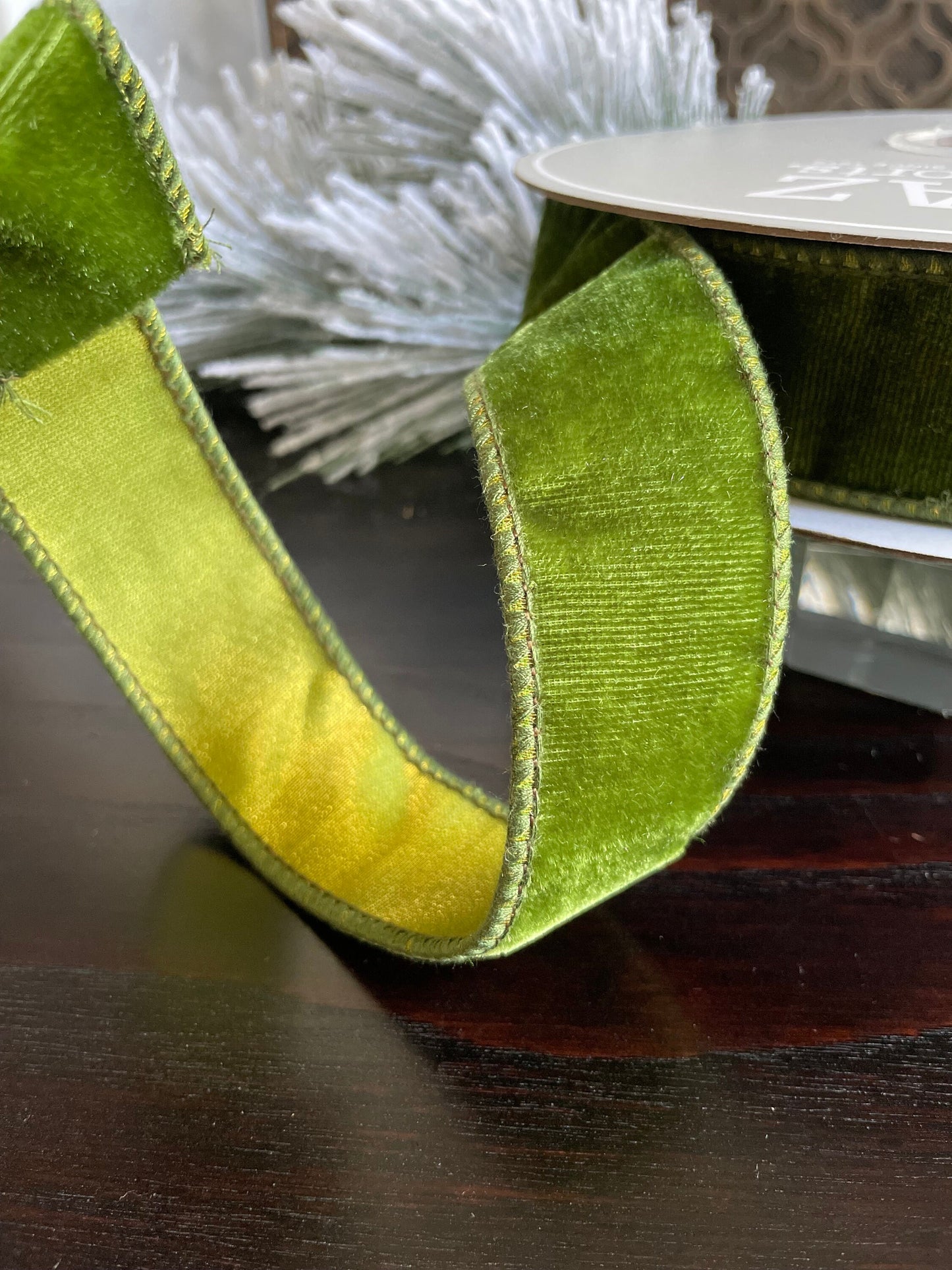 1.5” x 10 yds. Designer green velvet wired ribbon. Raz.