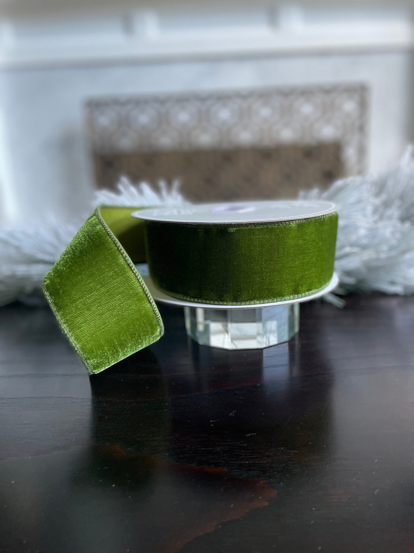 2.5” x 10 yds. Designer green velvet wired ribbon. Raz.