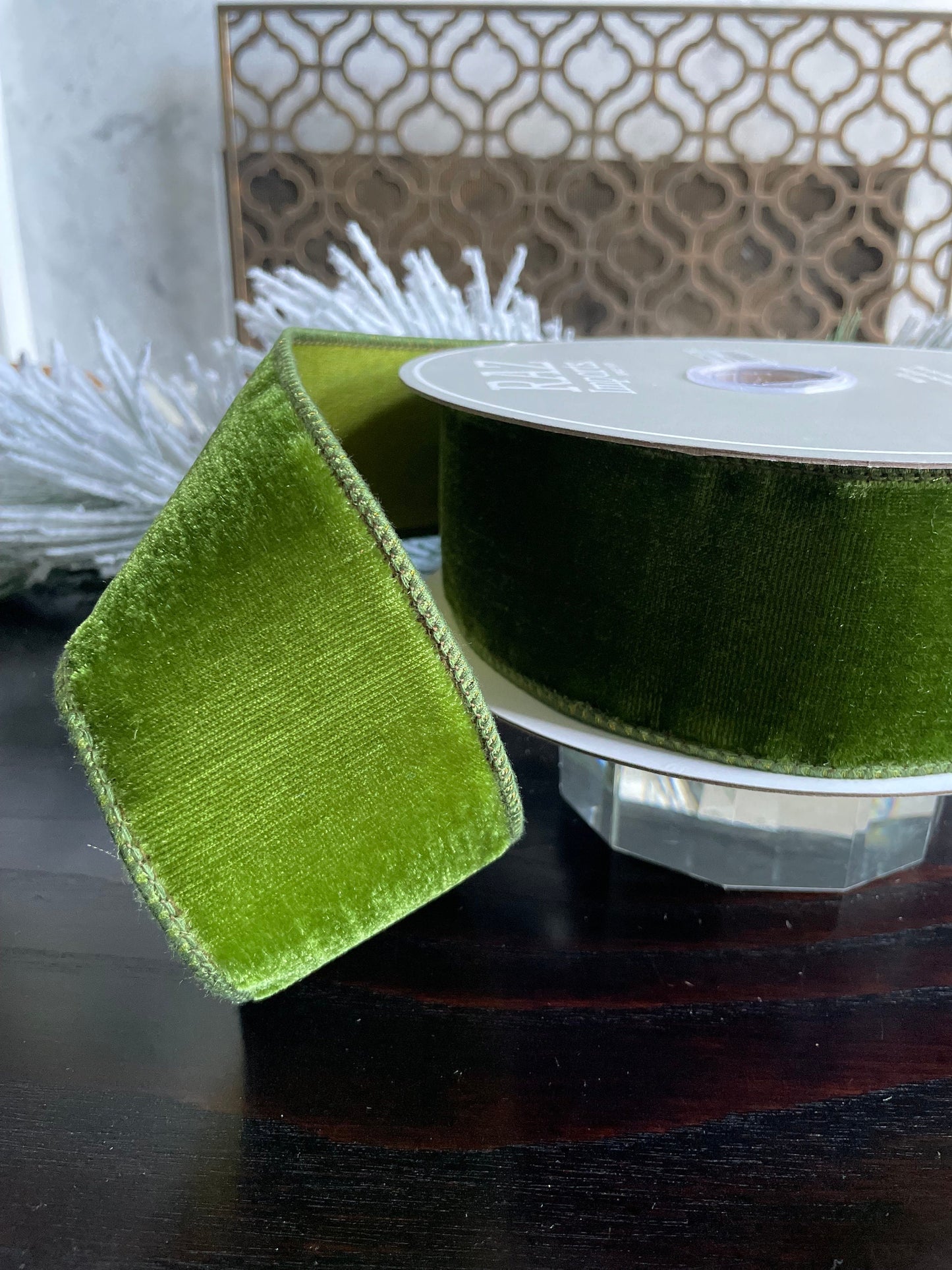 2.5” x 10 yds. Designer green velvet wired ribbon. Raz.