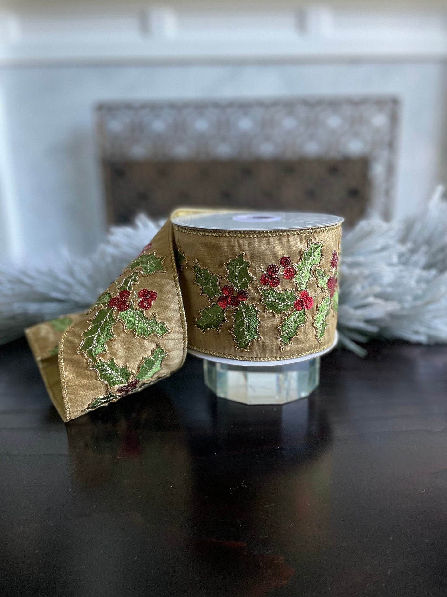 4” X 10 yds Holly embroidered wired ribbon. Raz.