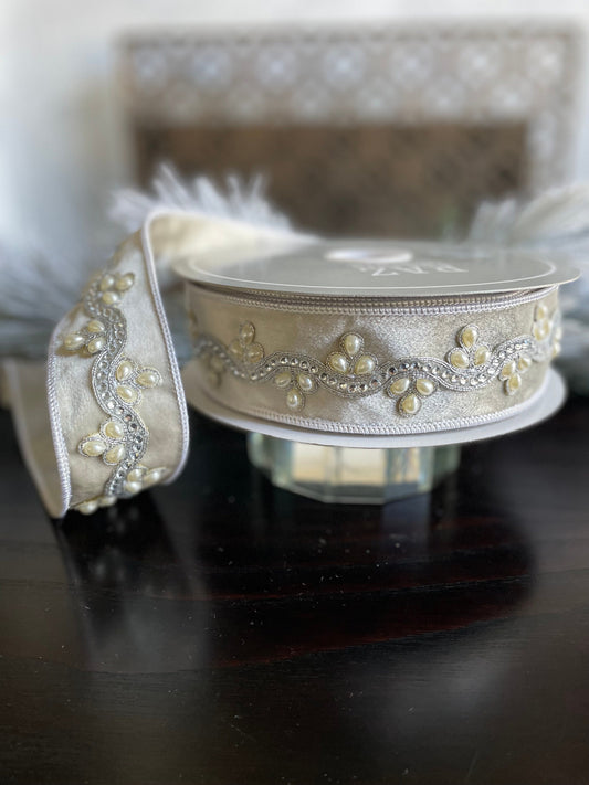 2” x 10 yds. Designer jeweled ivory velvet wired ribbon. Raz.
