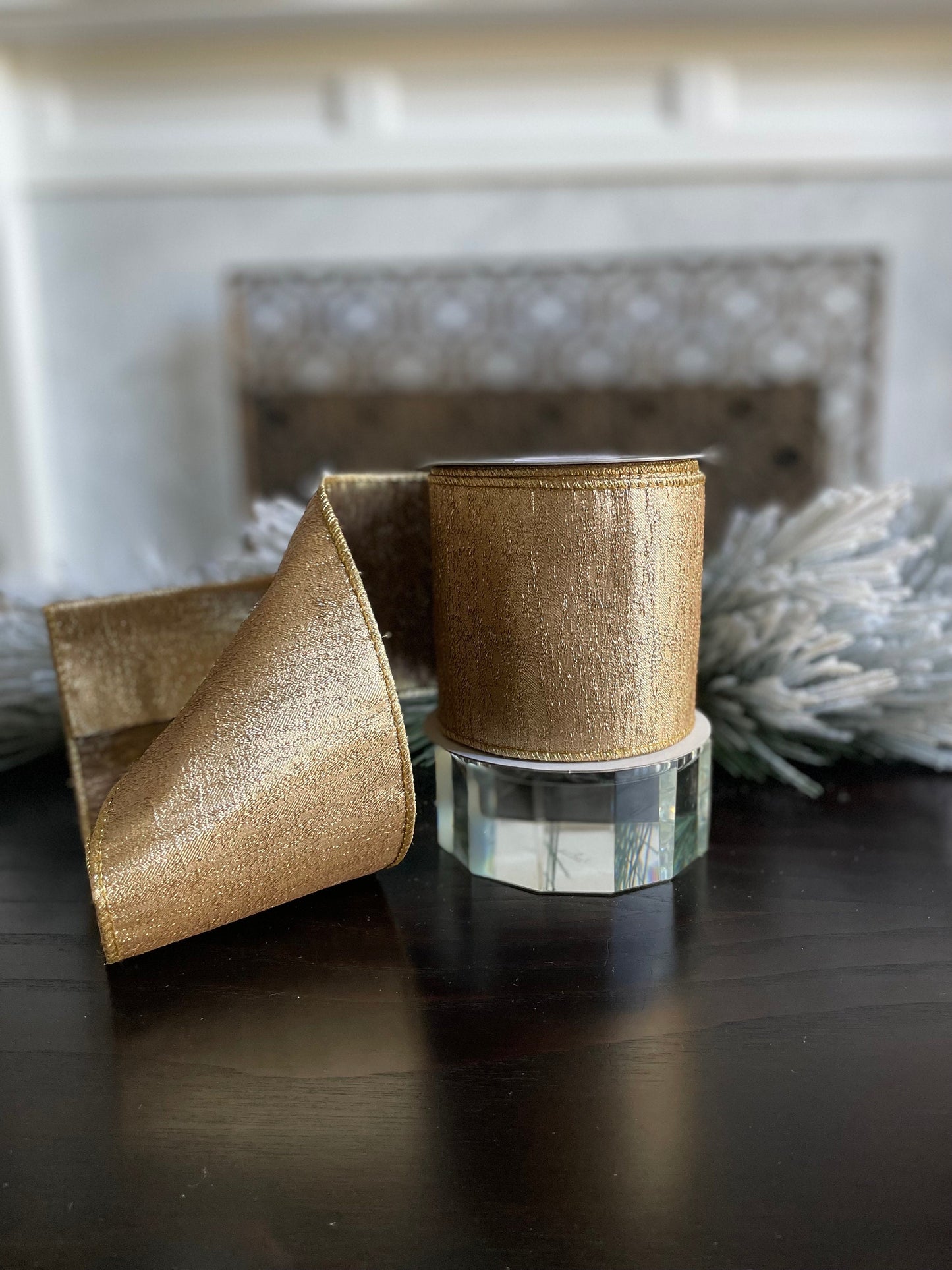 4” x 10 yds. Designer gold metallic wired ribbon. Raz.