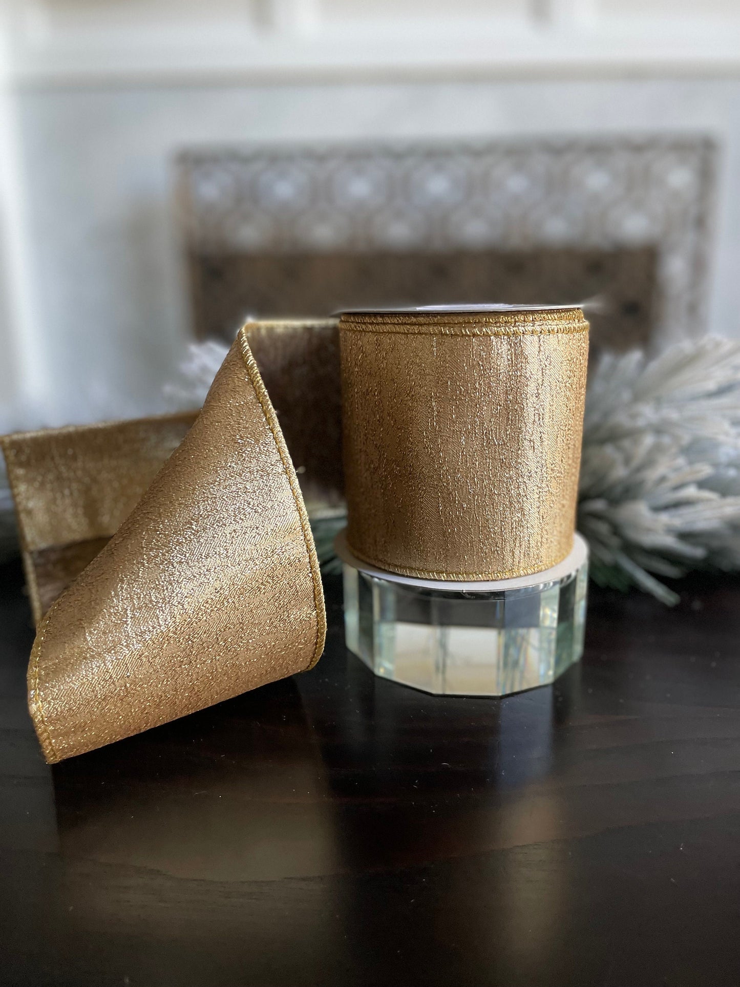 4” x 10 yds. Designer gold metallic wired ribbon. Raz.