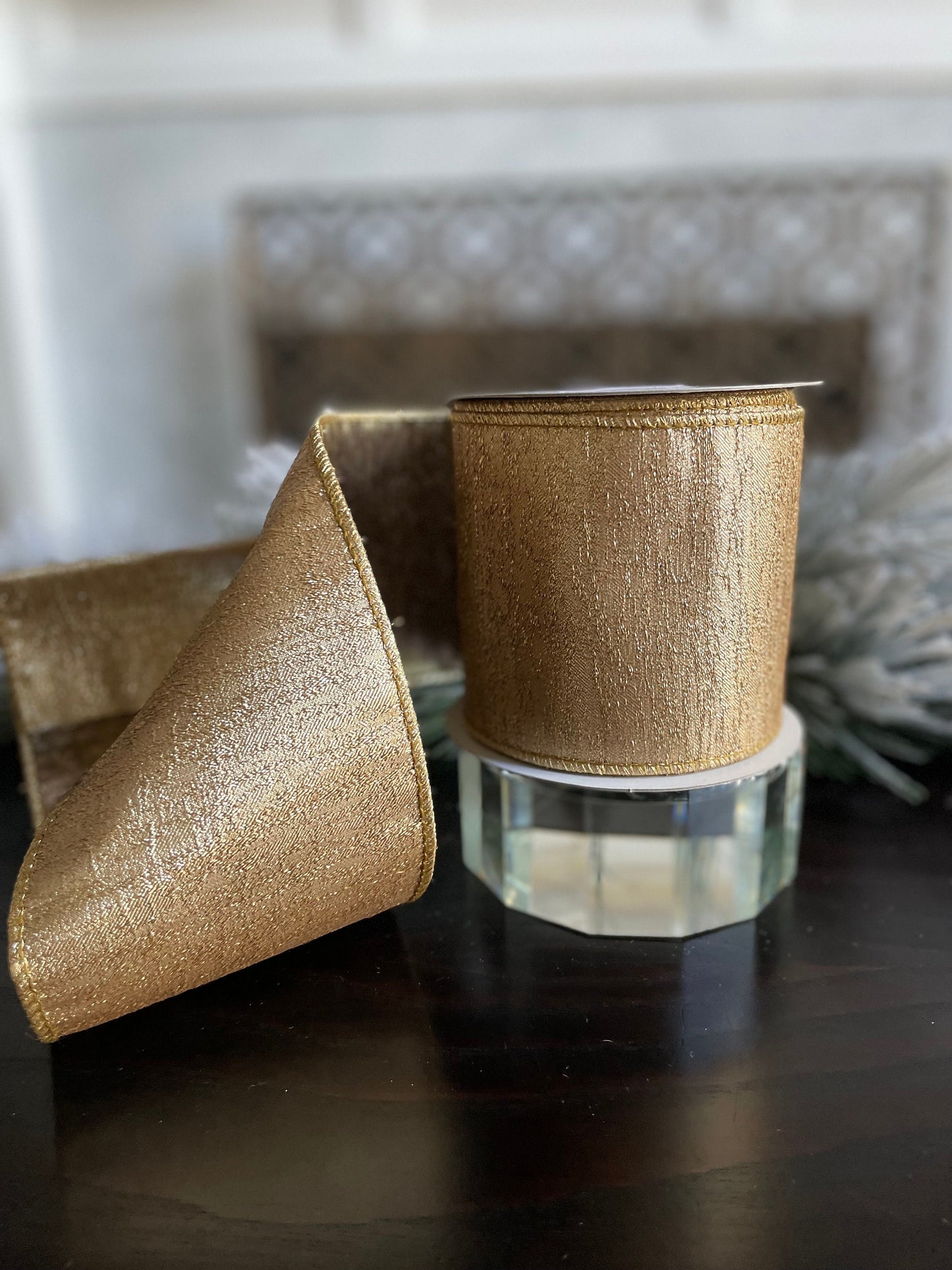 4” x 10 yds. Designer gold metallic wired ribbon. Raz.
