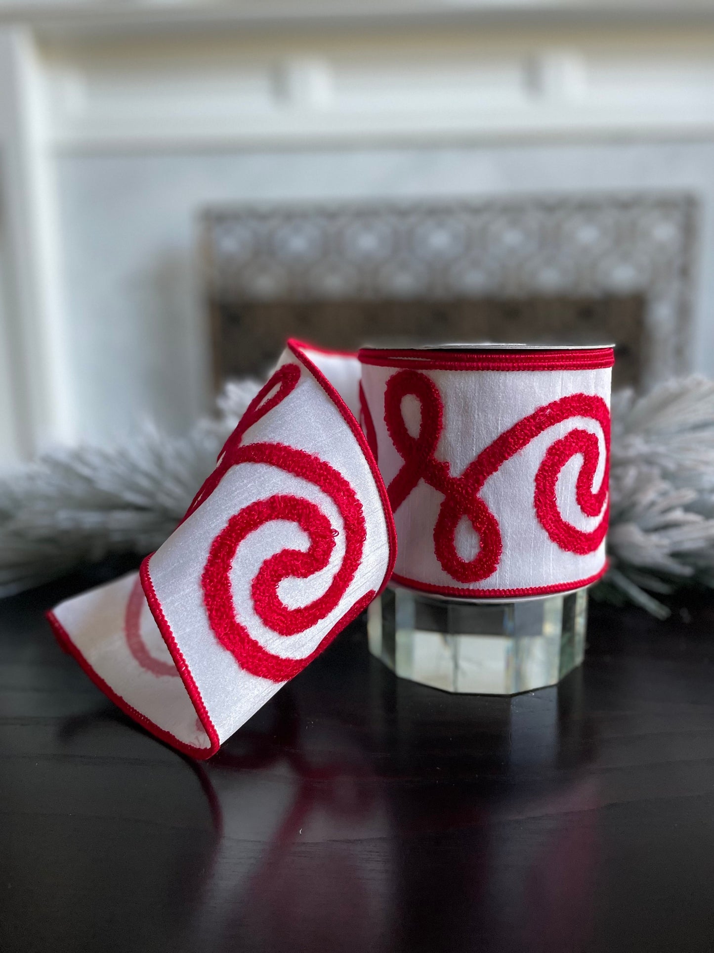 4” X 10 yds Designer swirl wired ribbon. Red and white. Raz.
