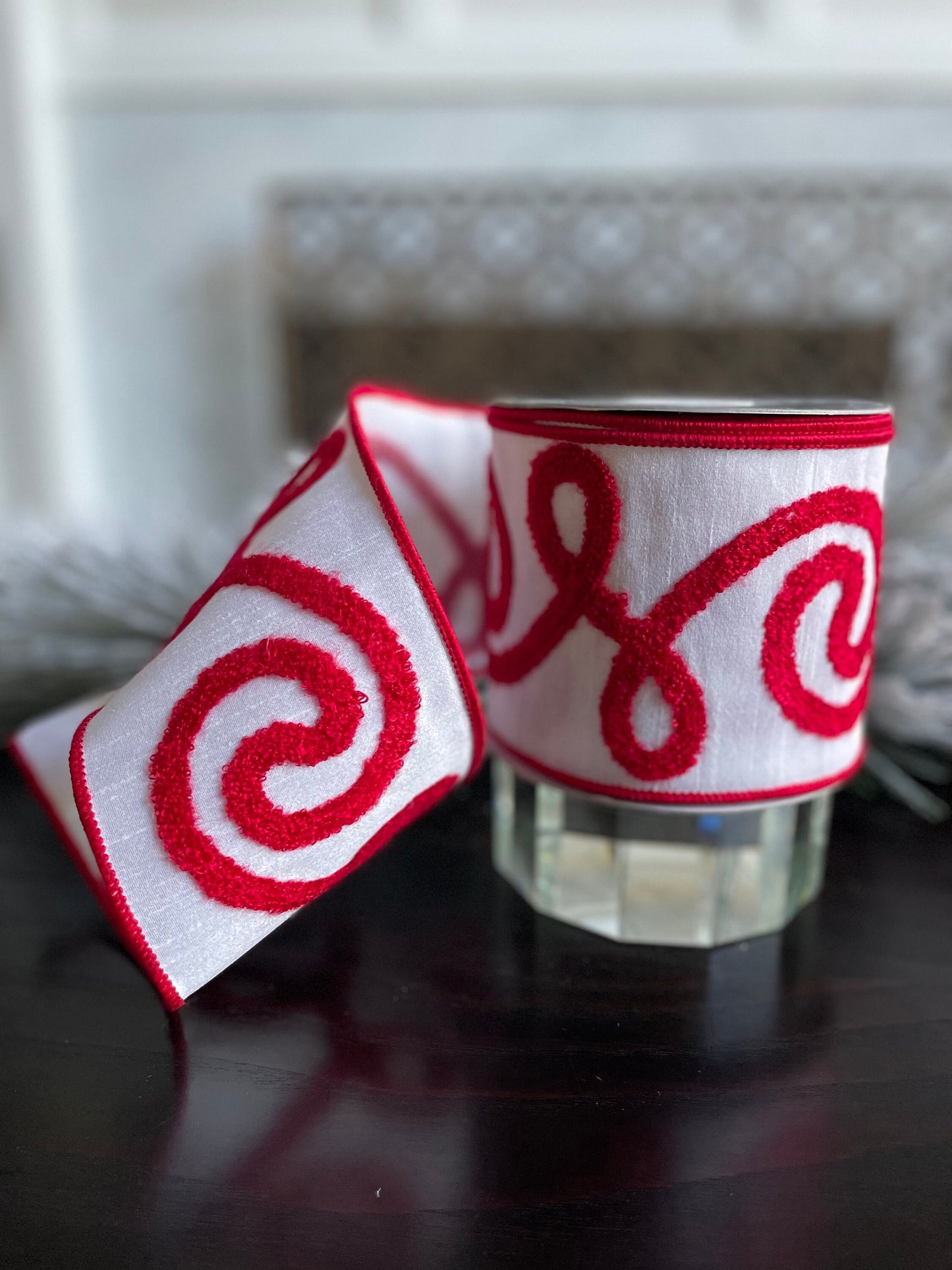 4” X 10 yds Designer swirl wired ribbon. Red and white. Raz.