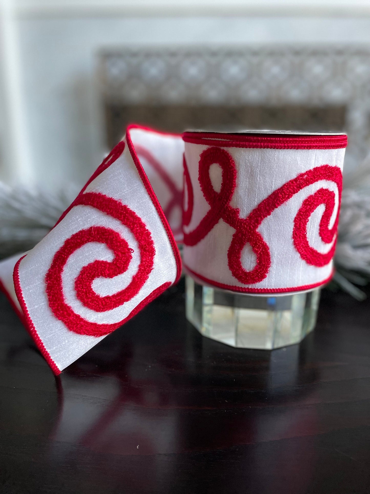 4” X 10 yds Designer swirl wired ribbon. Red and white. Raz.