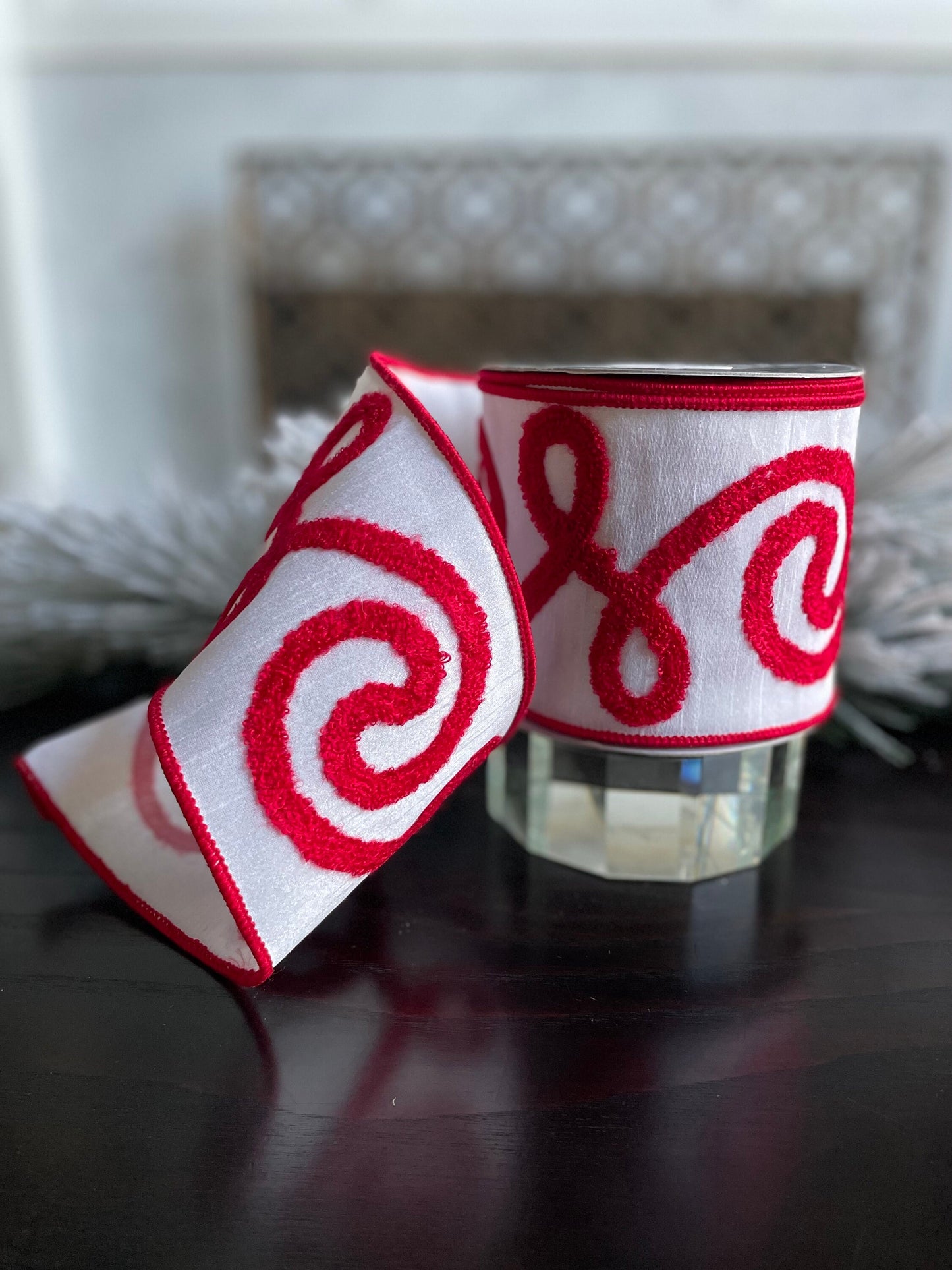 4” X 10 yds Designer swirl wired ribbon. Red and white. Raz.