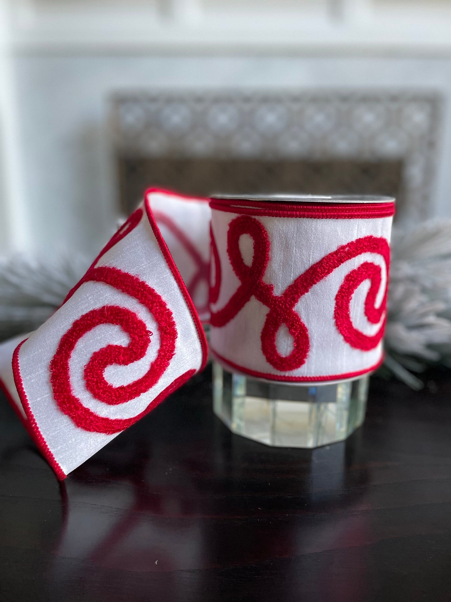4” X 10 yds Designer swirl wired ribbon. Red and white. Raz.