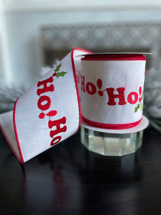 4” X 10 yds Designer Ho ho ho embroidered wired ribbon. Red, white and green. Raz.