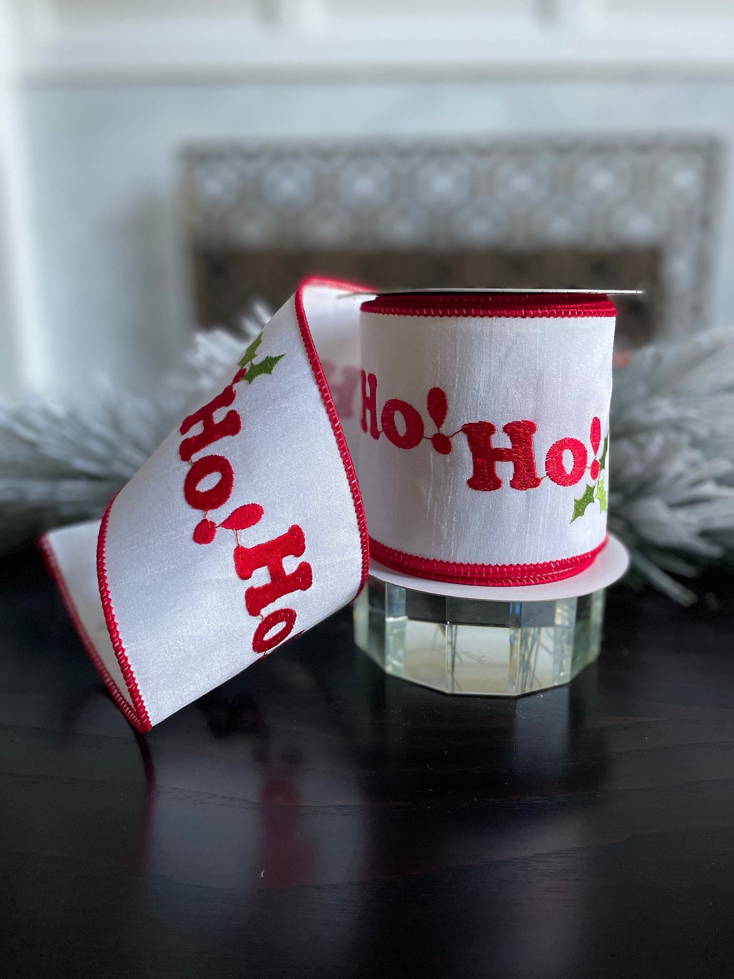 4” X 10 yds Designer Ho ho ho embroidered wired ribbon. Red, white and green. Raz.