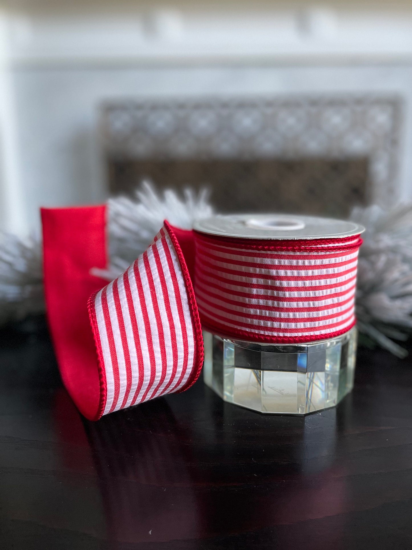 2.5” x 10 yds. Designer red and white striped wired ribbon. Raz.