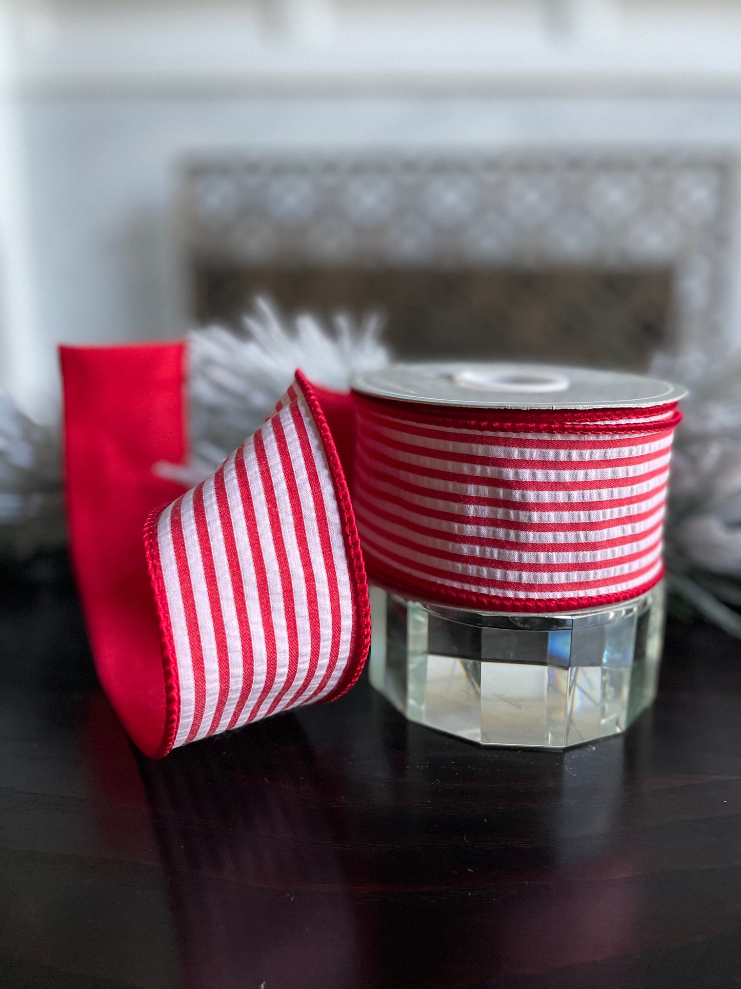 2.5” x 10 yds. Designer red and white striped wired ribbon. Raz.