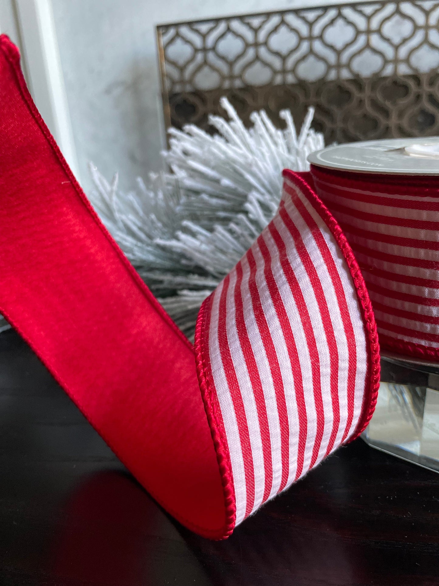 2.5” x 10 yds. Designer red and white striped wired ribbon. Raz.