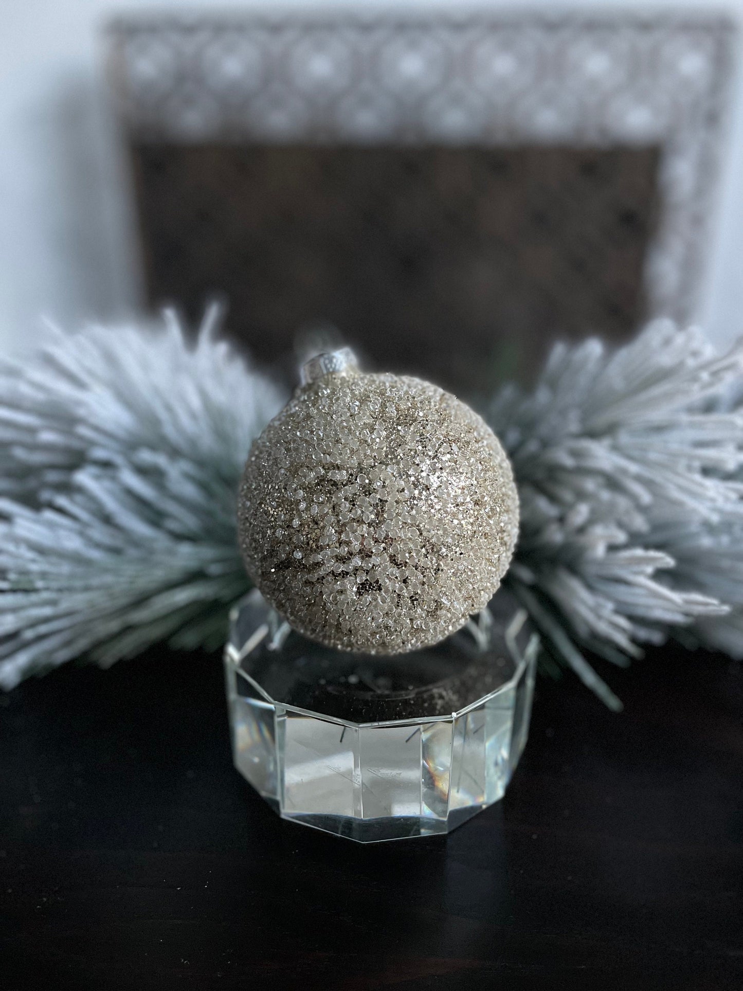 Set of 3. 4" glass beaded ball ornament. Platinum.