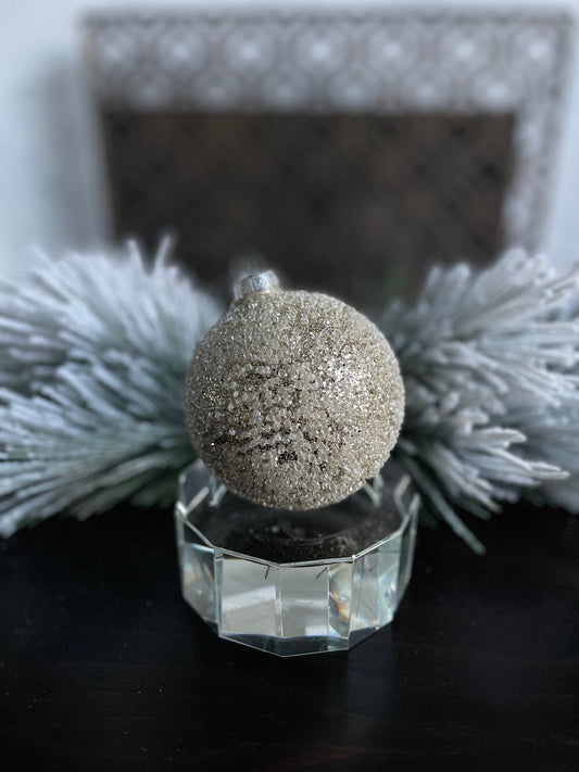 Set of 3. 4" glass beaded ball ornament. Platinum.