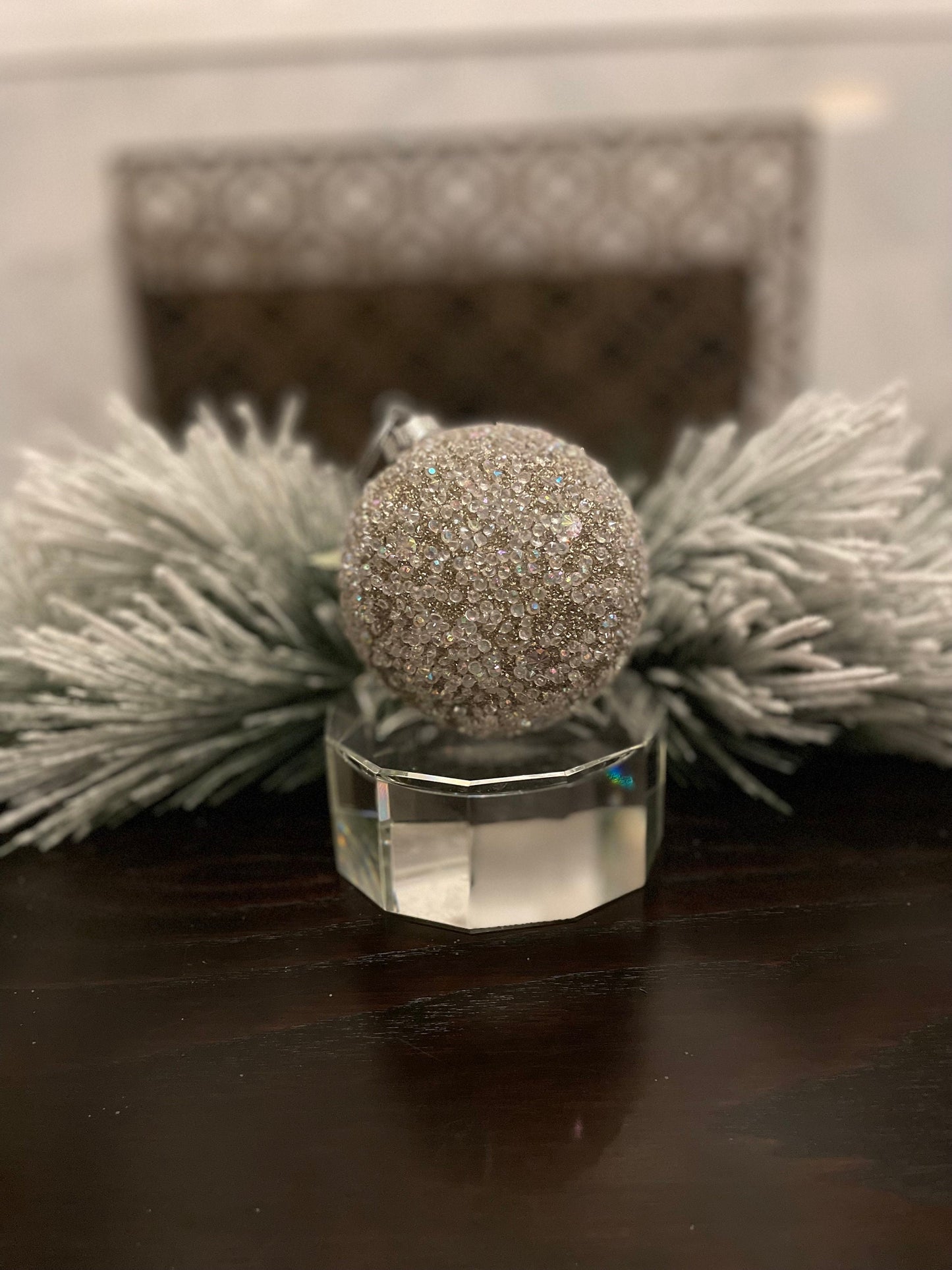 Set of 3. 4" mercury glass with ice ball ornament. Platinum.