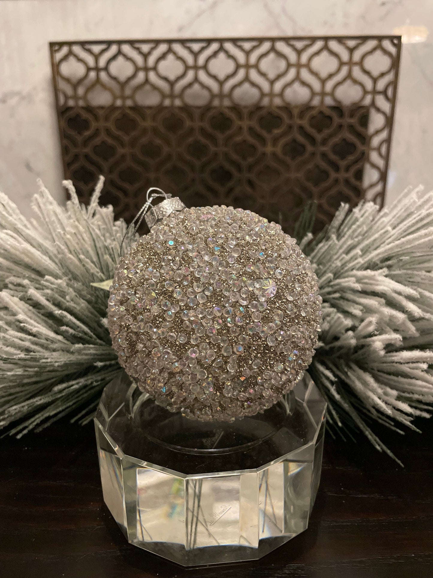 Set of 3. 4" mercury glass with ice ball ornament. Platinum.