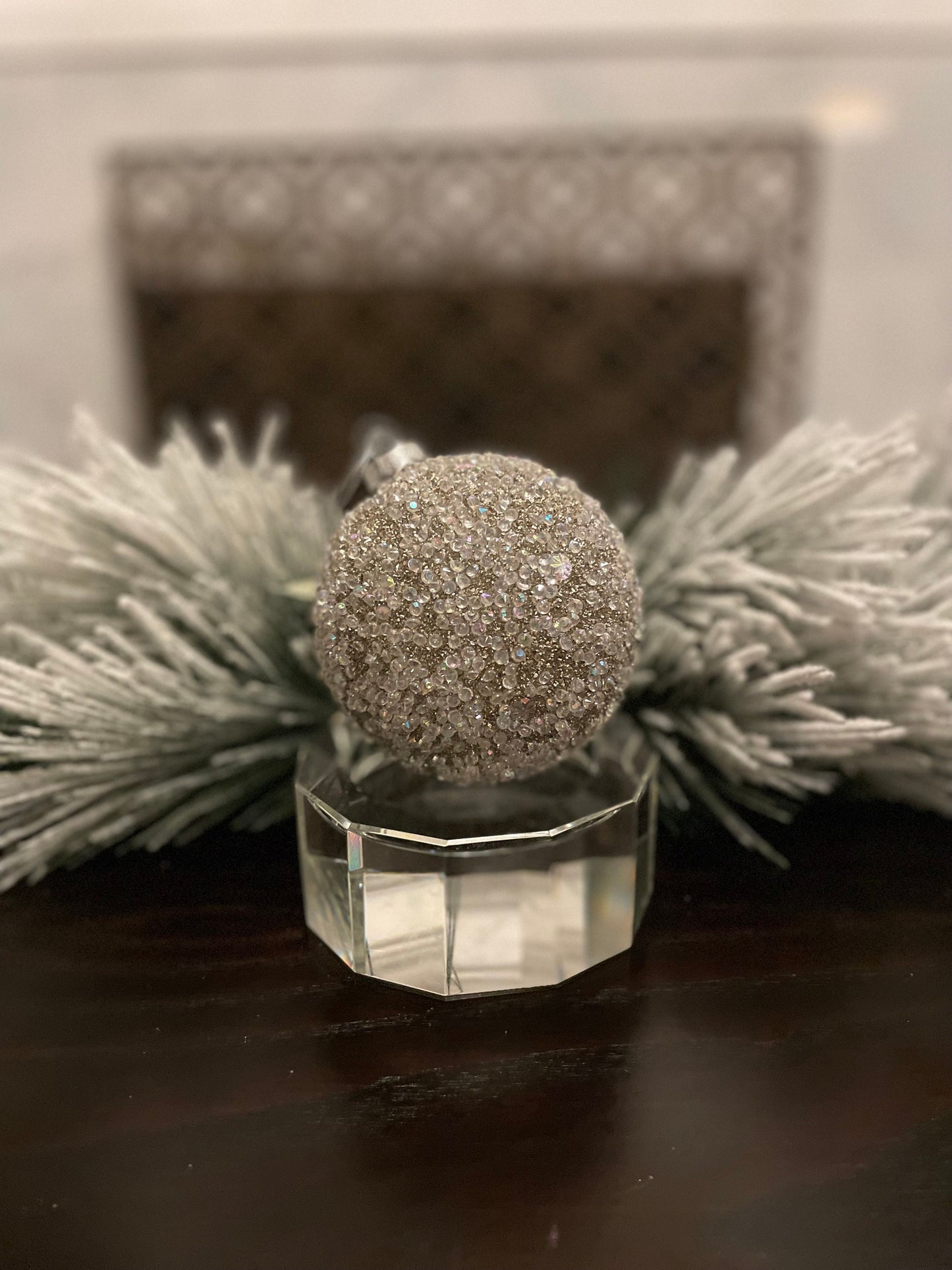 Set of 3. 4" mercury glass with ice ball ornament. Platinum.