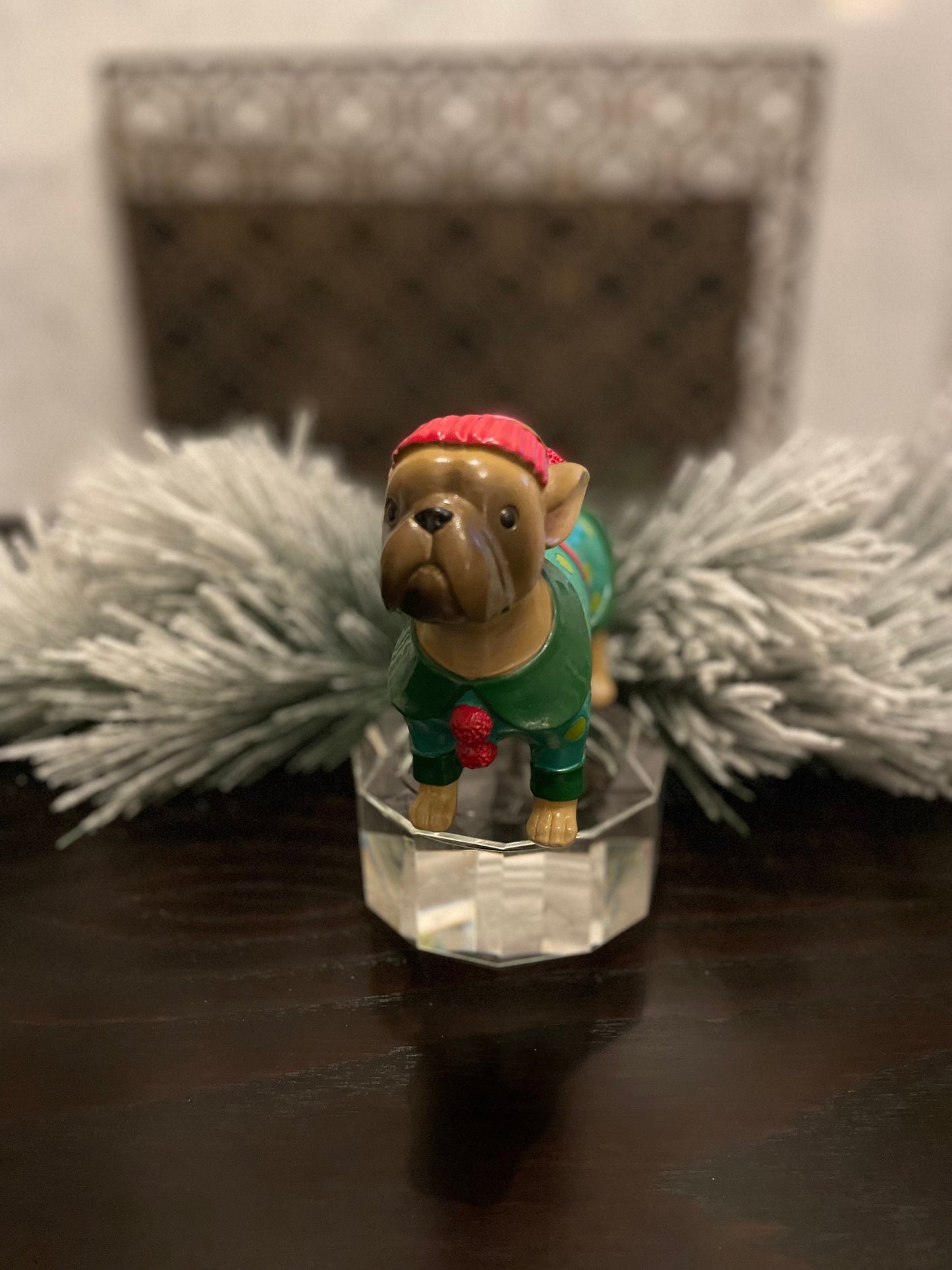 5.5” resin bulldog in Christmas sweater. Tabletop.