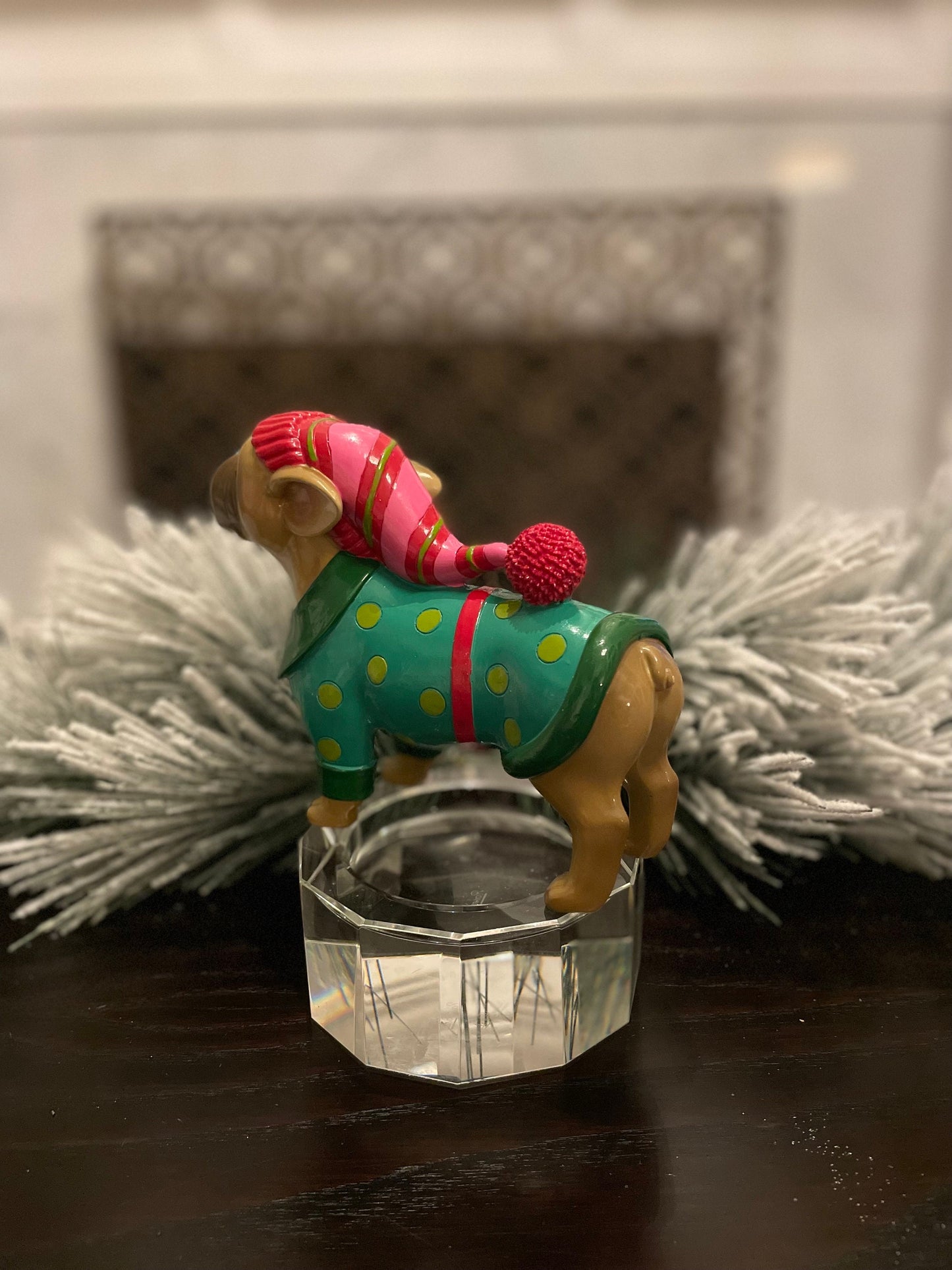 5.5” resin bulldog in Christmas sweater. Tabletop.