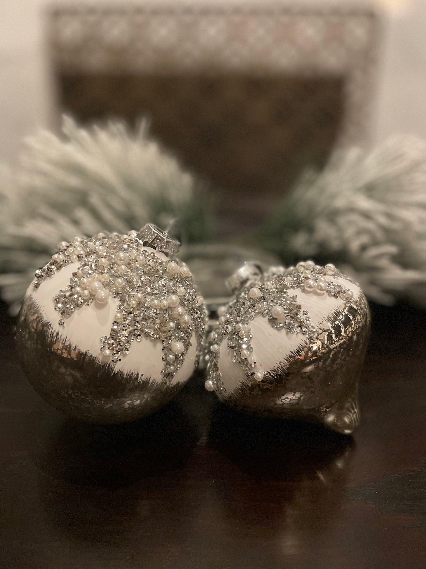 4” Mercury glass ornaments pearl jewel ball and finial ornament. Set of ball and finial.