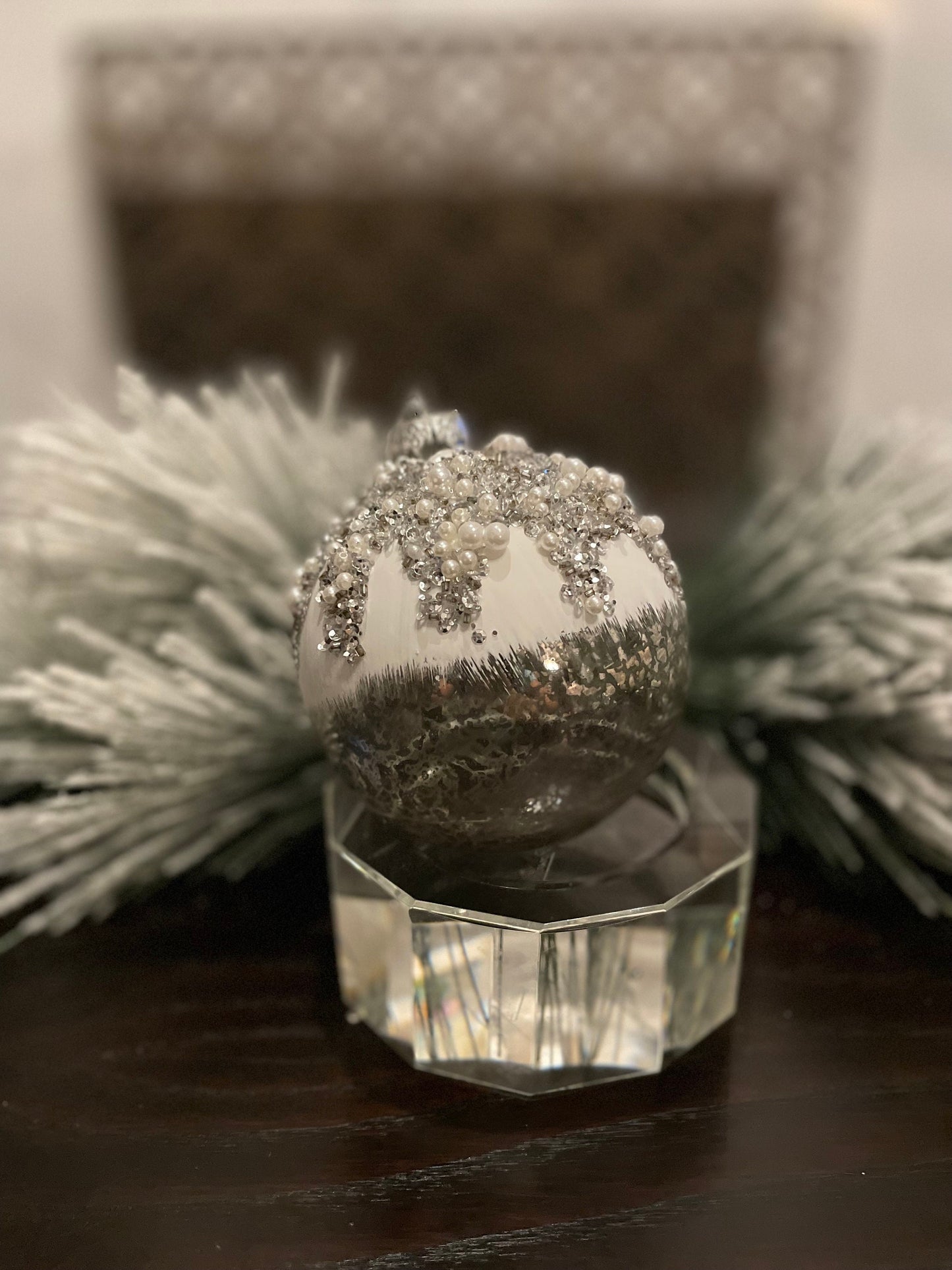 4” Mercury glass ornaments pearl jewel ball and finial ornament. Set of ball and finial.