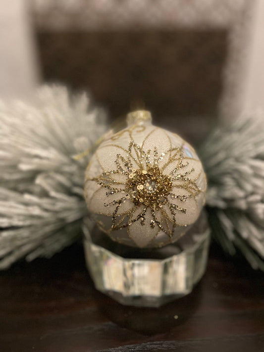 Set of 2. 4" glass beaded filigree floret ball ornament. Ivory and gold.
