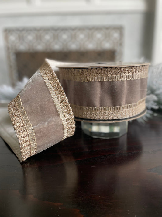 4” x 10 yds Designer velvet ribbon metallic rope embroidery side trim, platinum. Wired. D. Stevens.