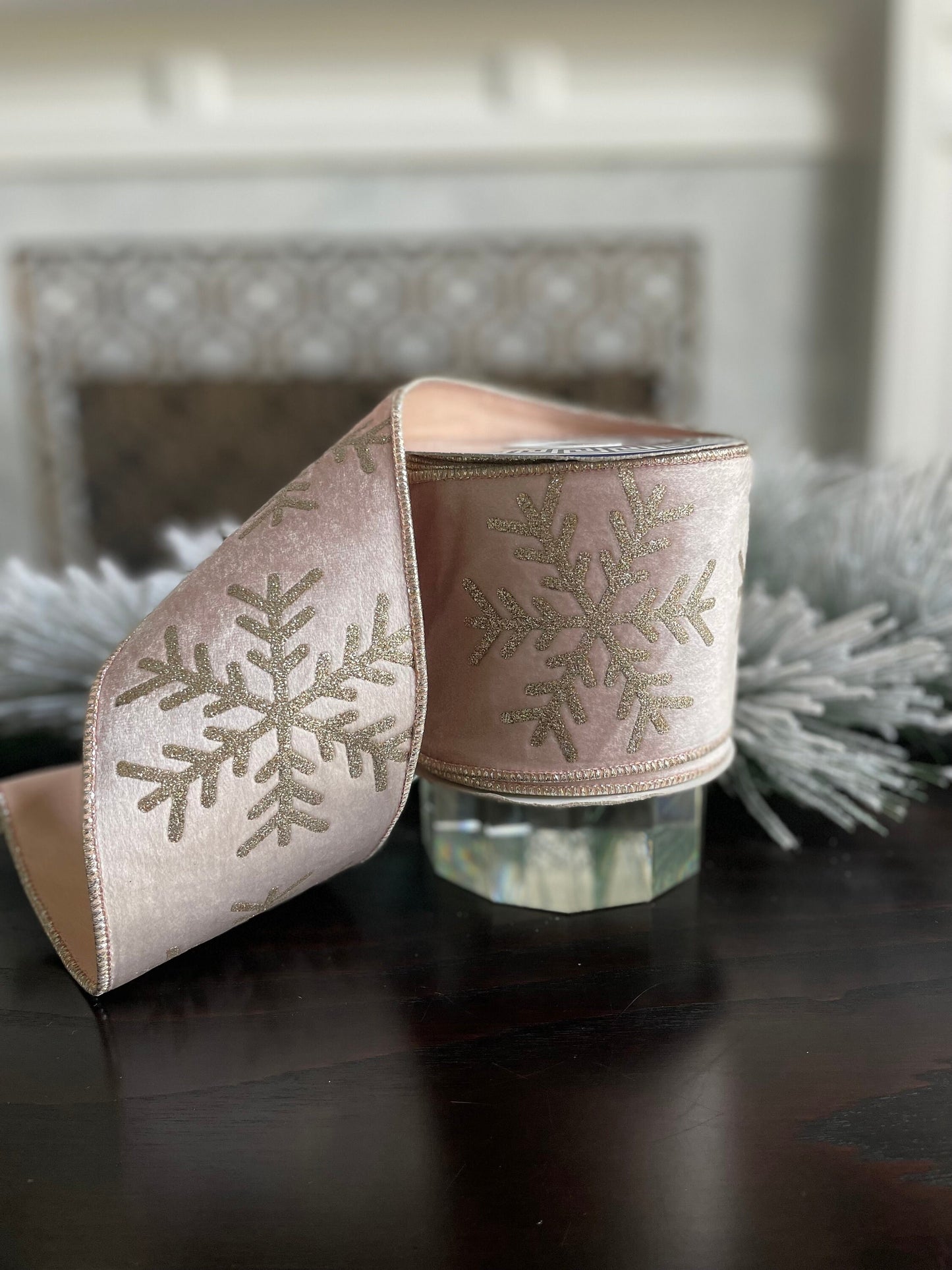 Designer velvet large gold glitter snowflake winter rose ribbon. 4” x 10 yards.*