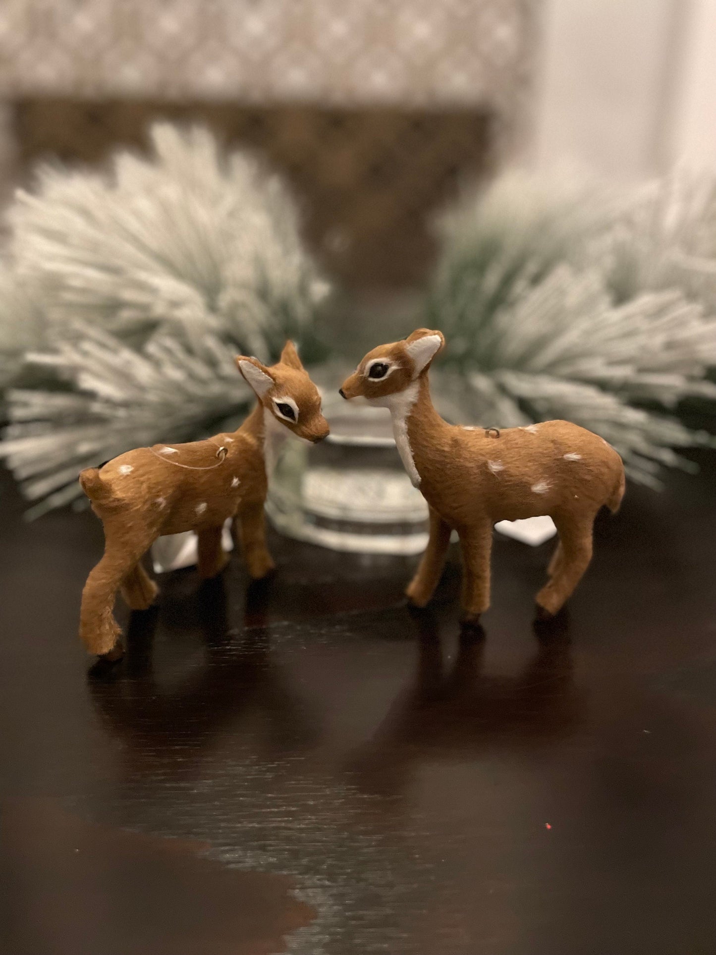 Set of 2. 5” furry fawn ornament. Forest animal.