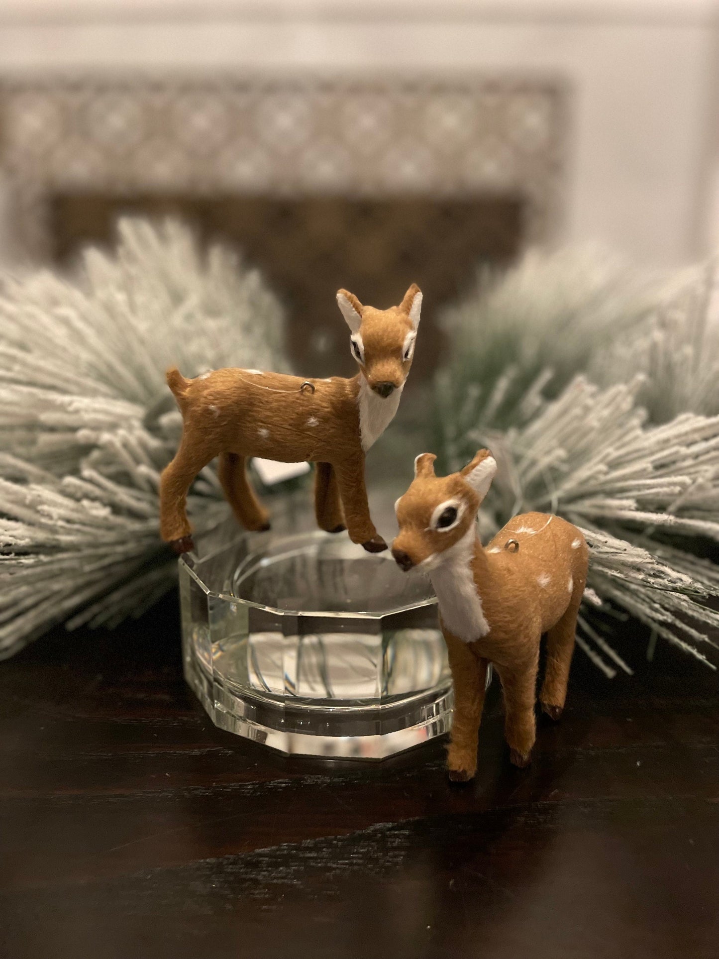 Set of 2. 5” furry fawn ornament. Forest animal.
