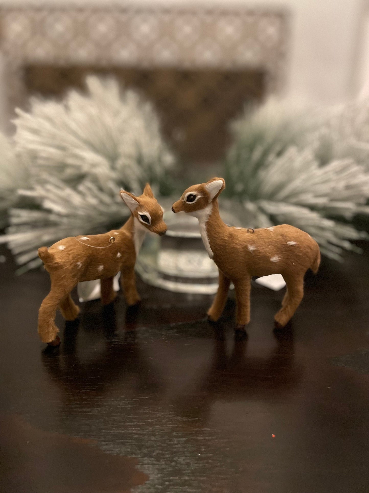 Set of 2. 5” furry fawn ornament. Forest animal.