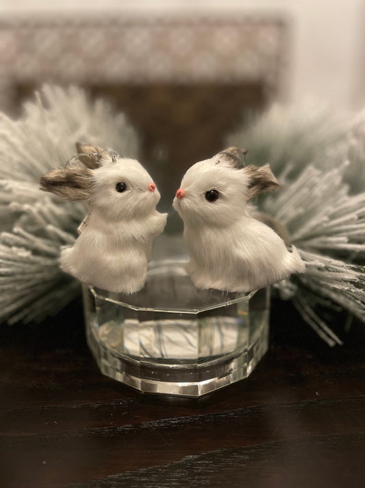 Set of 2. 3” furry rabbit ornament. Forest animal.