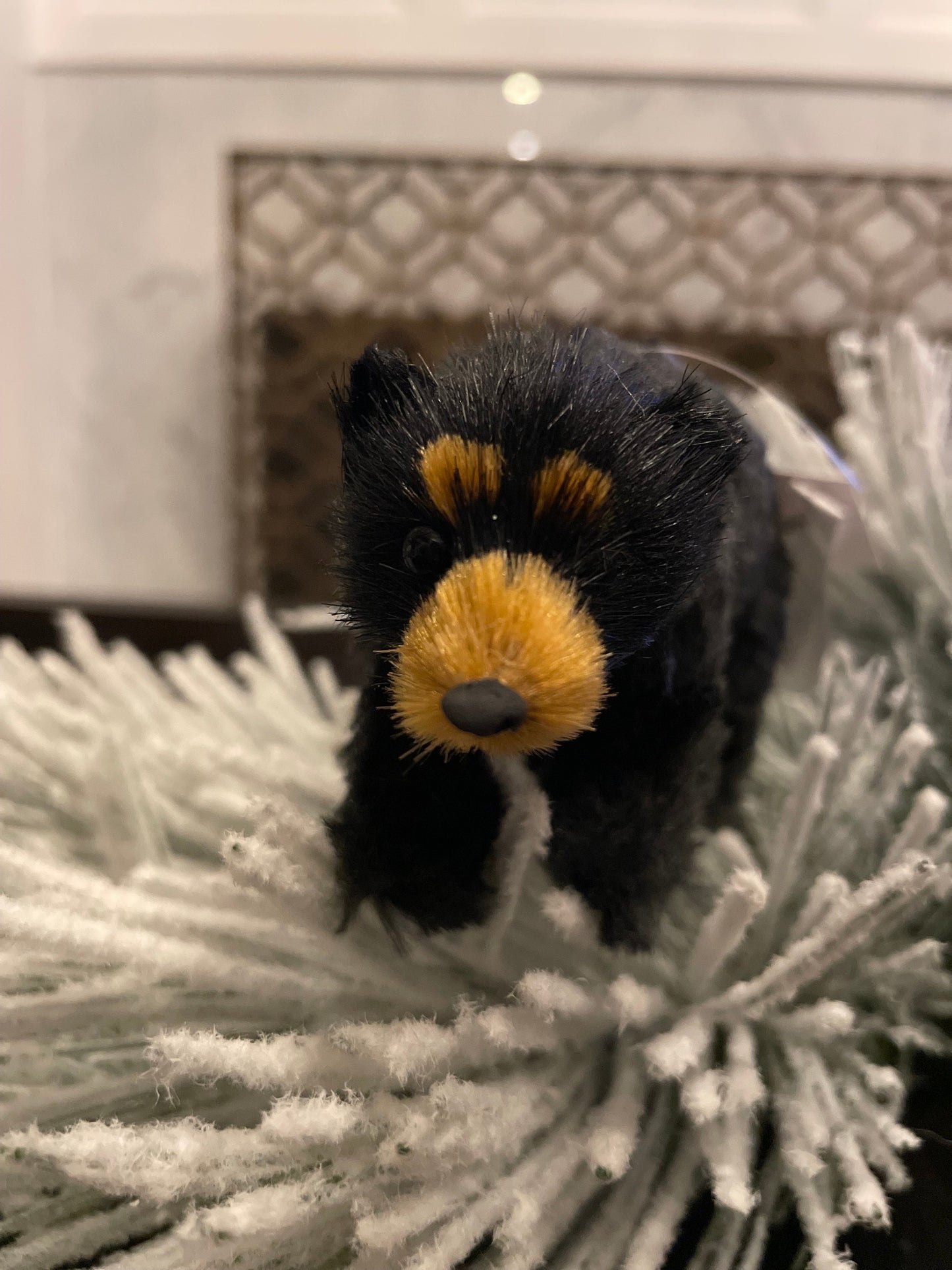 Set of 2. 5” furry black bear ornament. Forest animal.