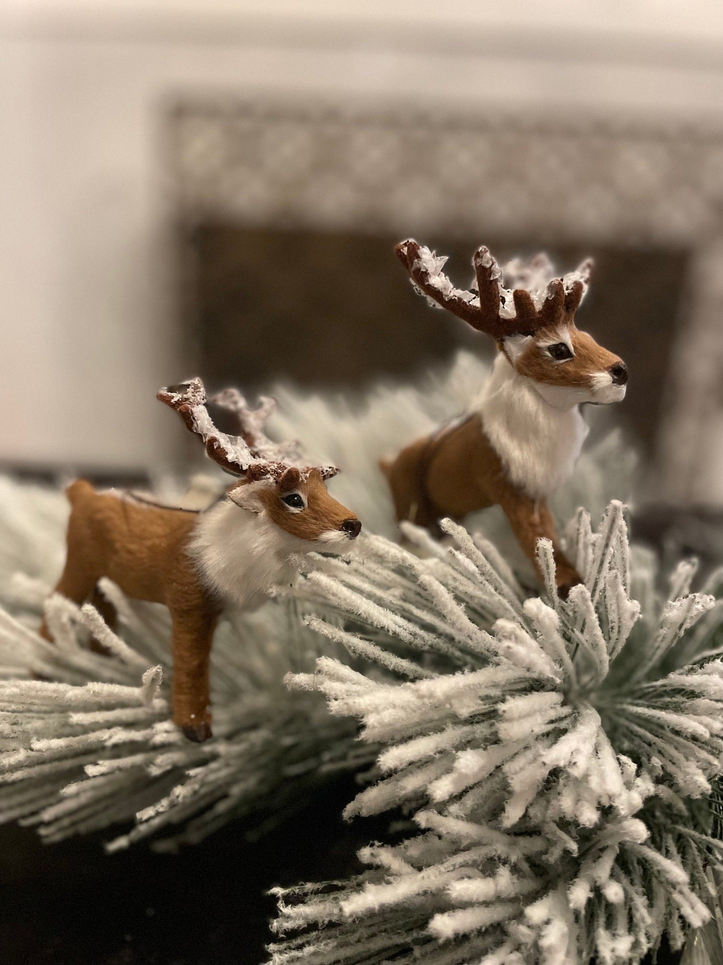 Set of 2. 4.5” faux fur deer ornament. Forest animal.