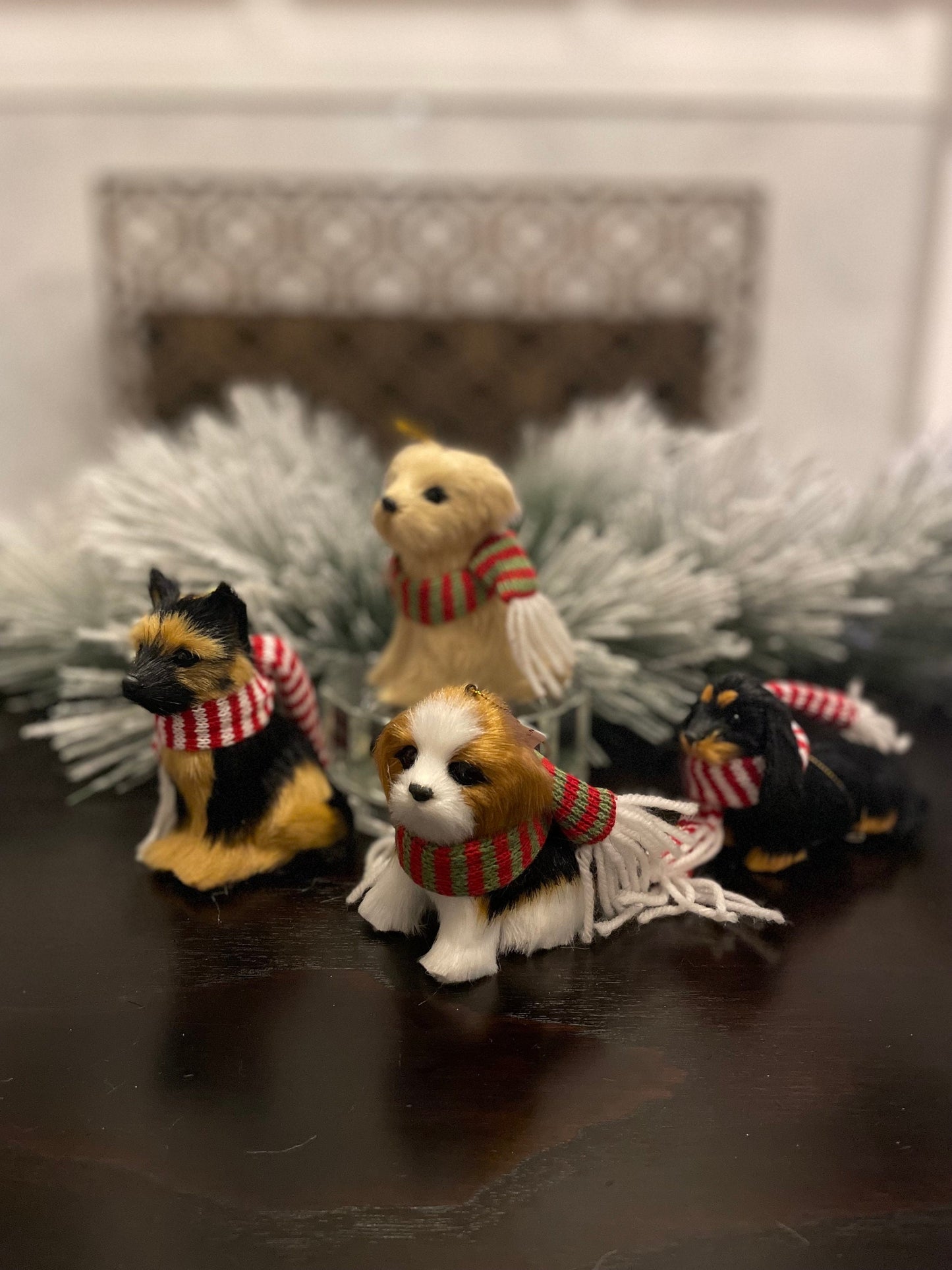 4” faux fur dog with scarf Christmas dog ornament. Set of 4 dogs.