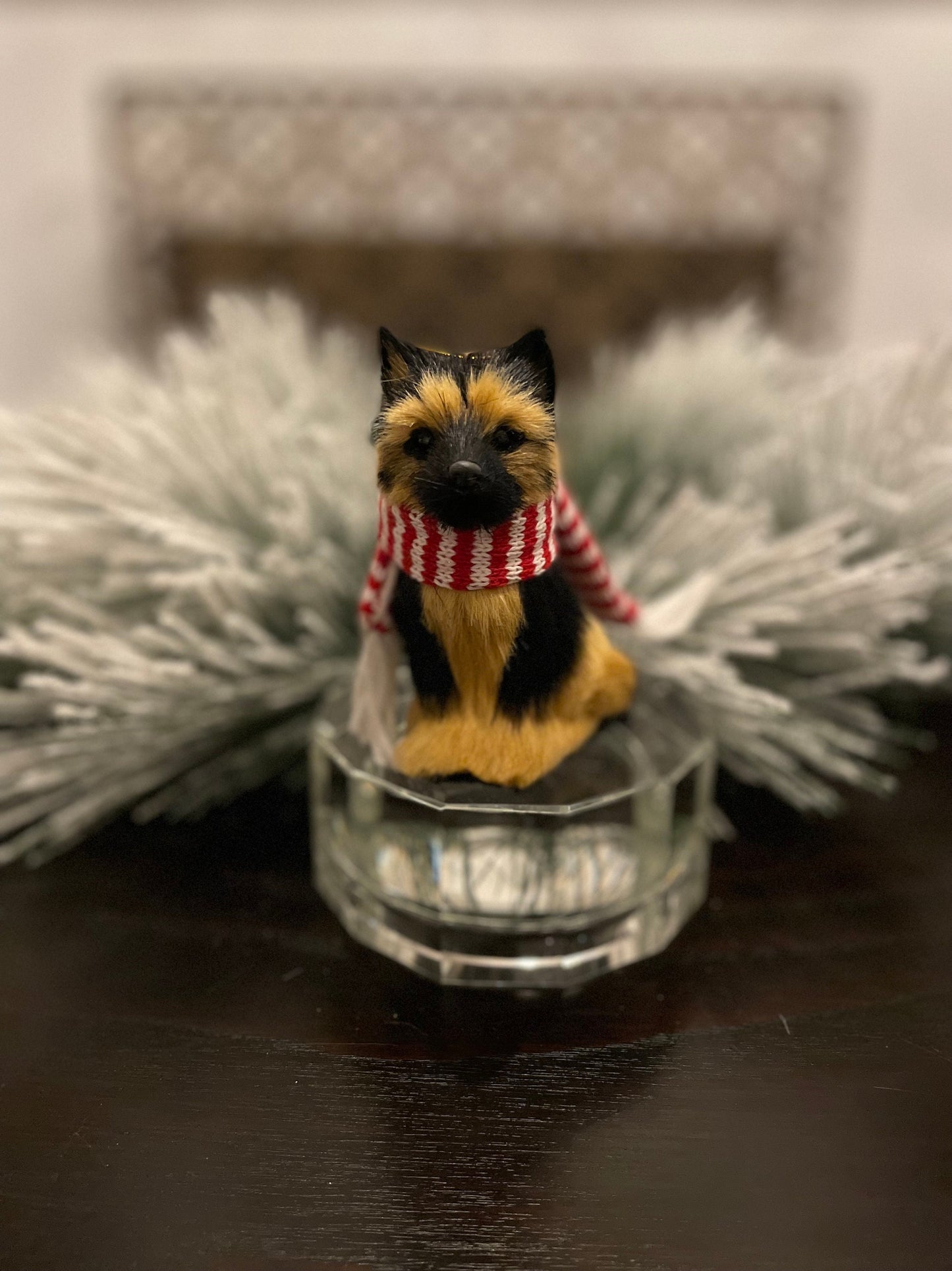 4” faux fur dog with scarf Christmas dog ornament. Set of 4 dogs.