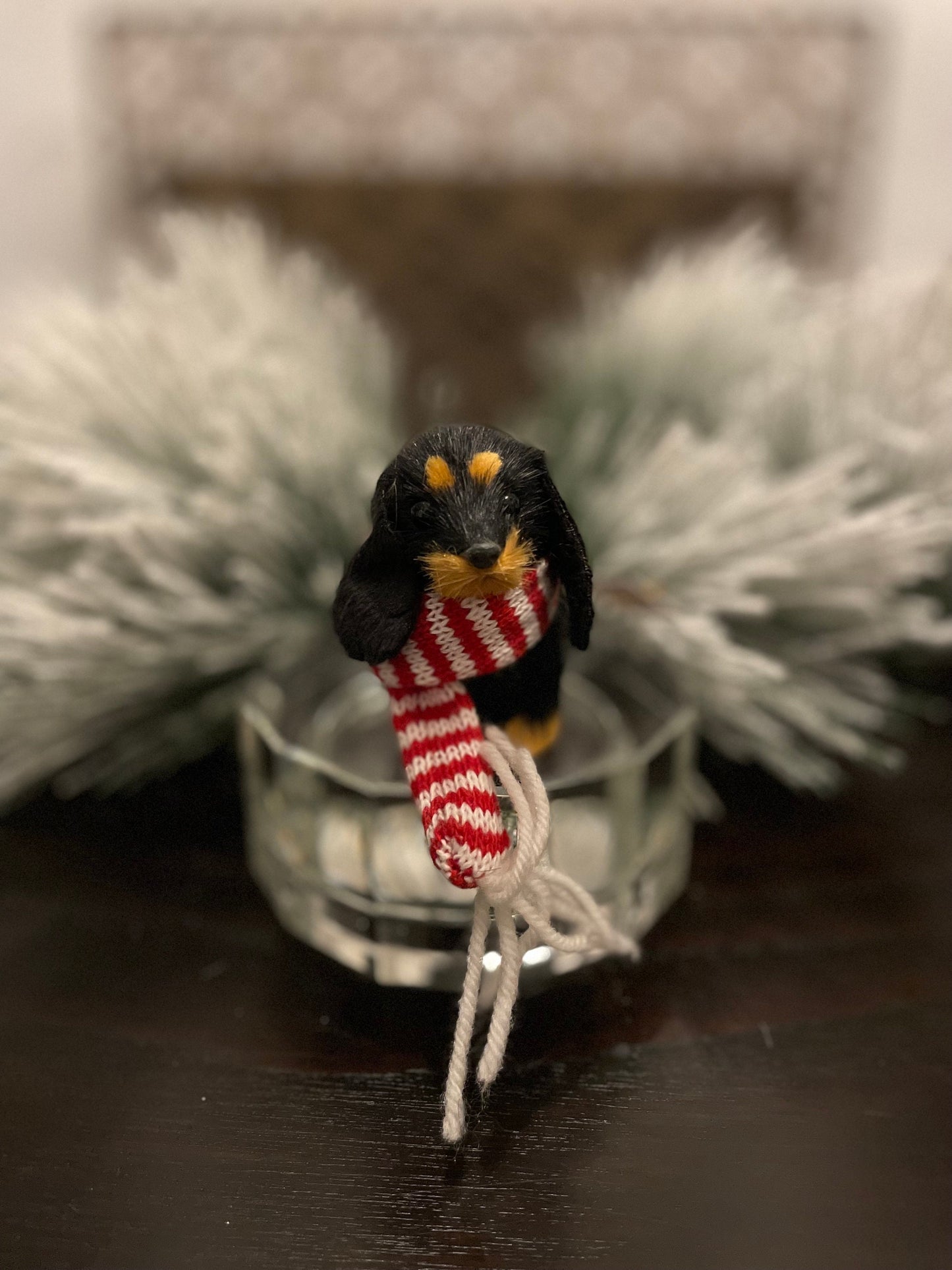 4” faux fur dog with scarf Christmas dog ornament. Set of 4 dogs.