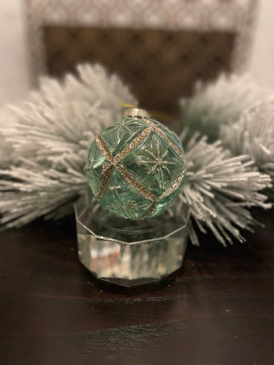 Set of 2. 4" glass clear starburst. Aqua and gold.