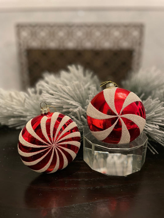 Set of 2. 4" glass peppermint candy disk ornament. Red