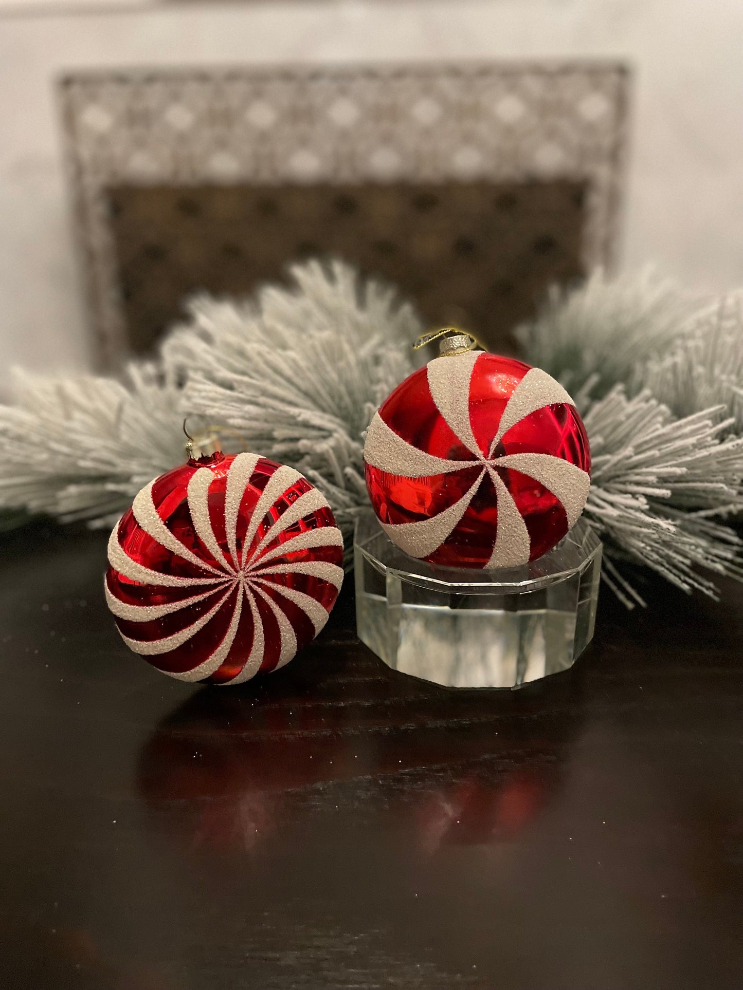 Set of 2. 4" glass peppermint candy disk ornament. Red