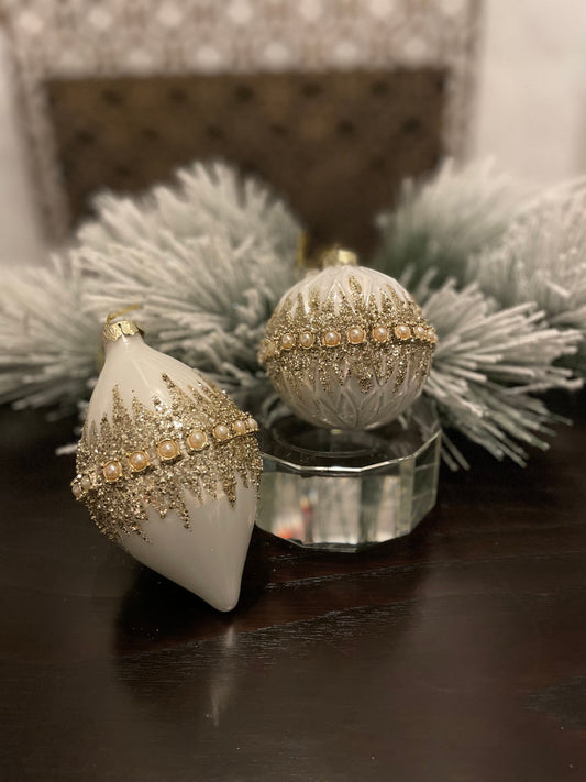 Set of 2. 4”-6" Glass beaded pearl ball/finial ornament. Set of 2. Ivory and gold.