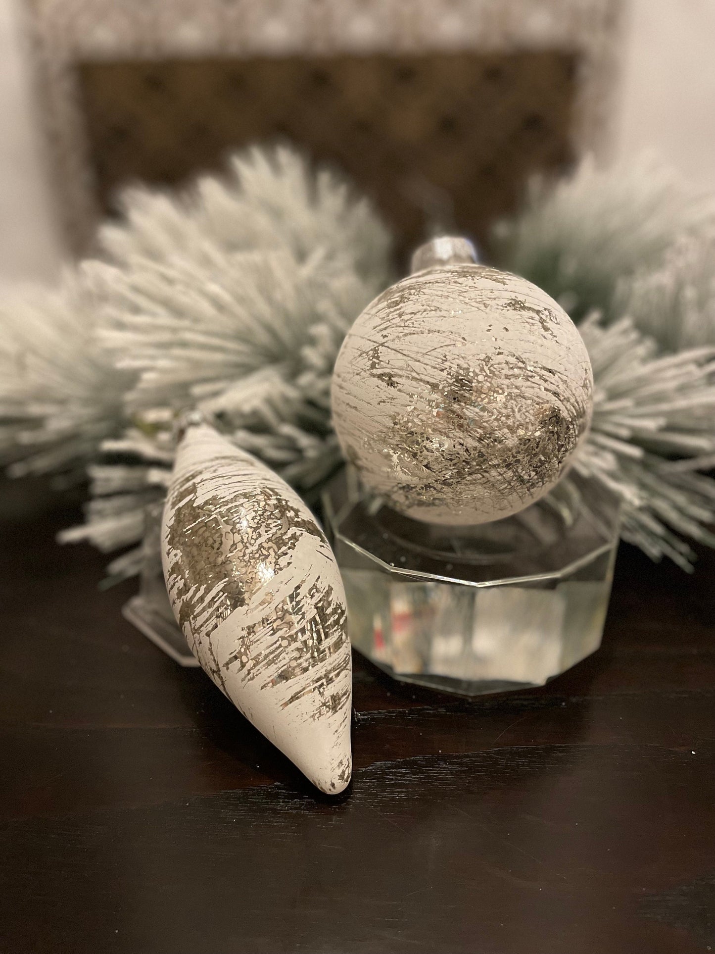 Set of 2. 4”-6” glass whitewash mercury ball and finial.