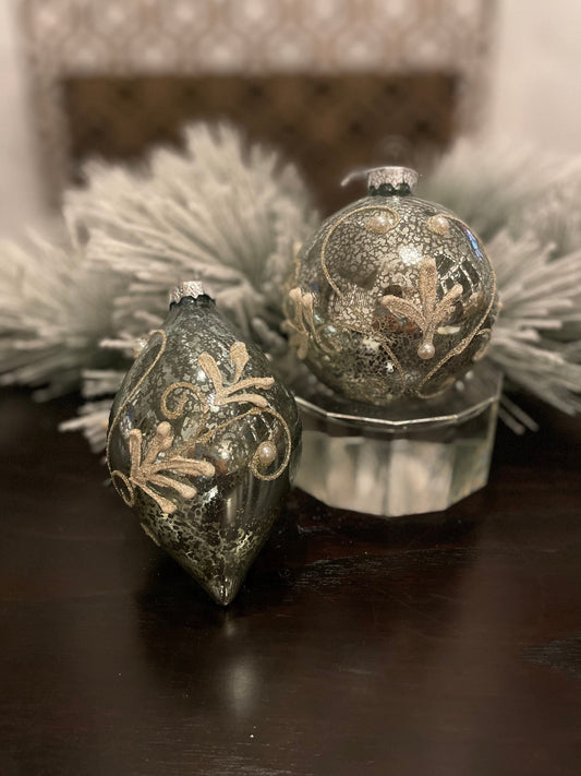 Set of 2. 4-6” shiny mercury glass beaded and pearl ball and finial ornament. Aqua and gold.