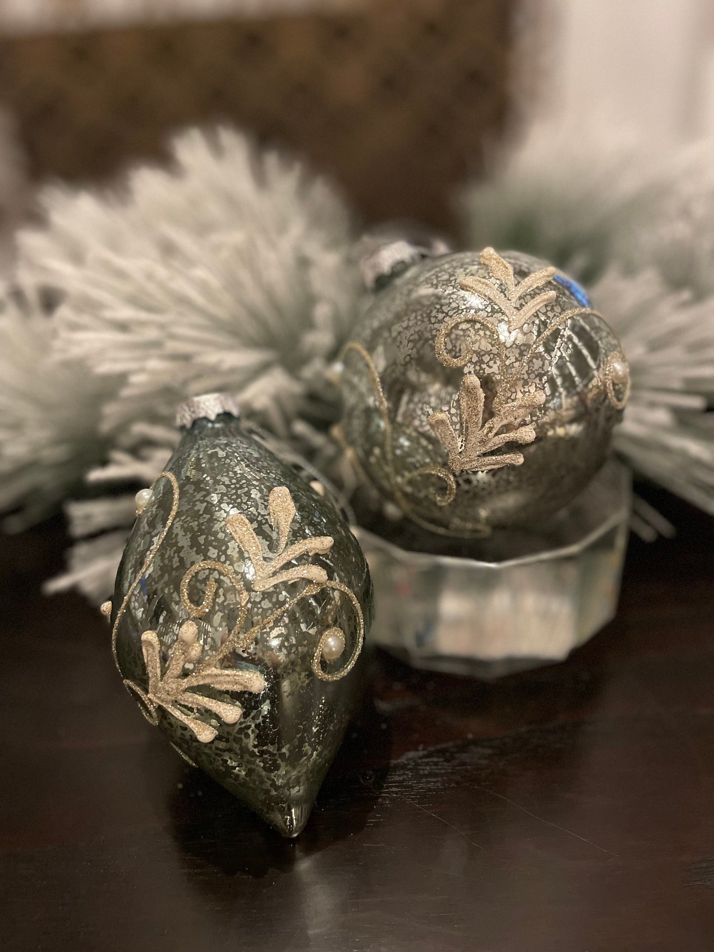 Set of 2. 4-6” shiny mercury glass beaded and pearl ball and finial ornament. Aqua and gold.