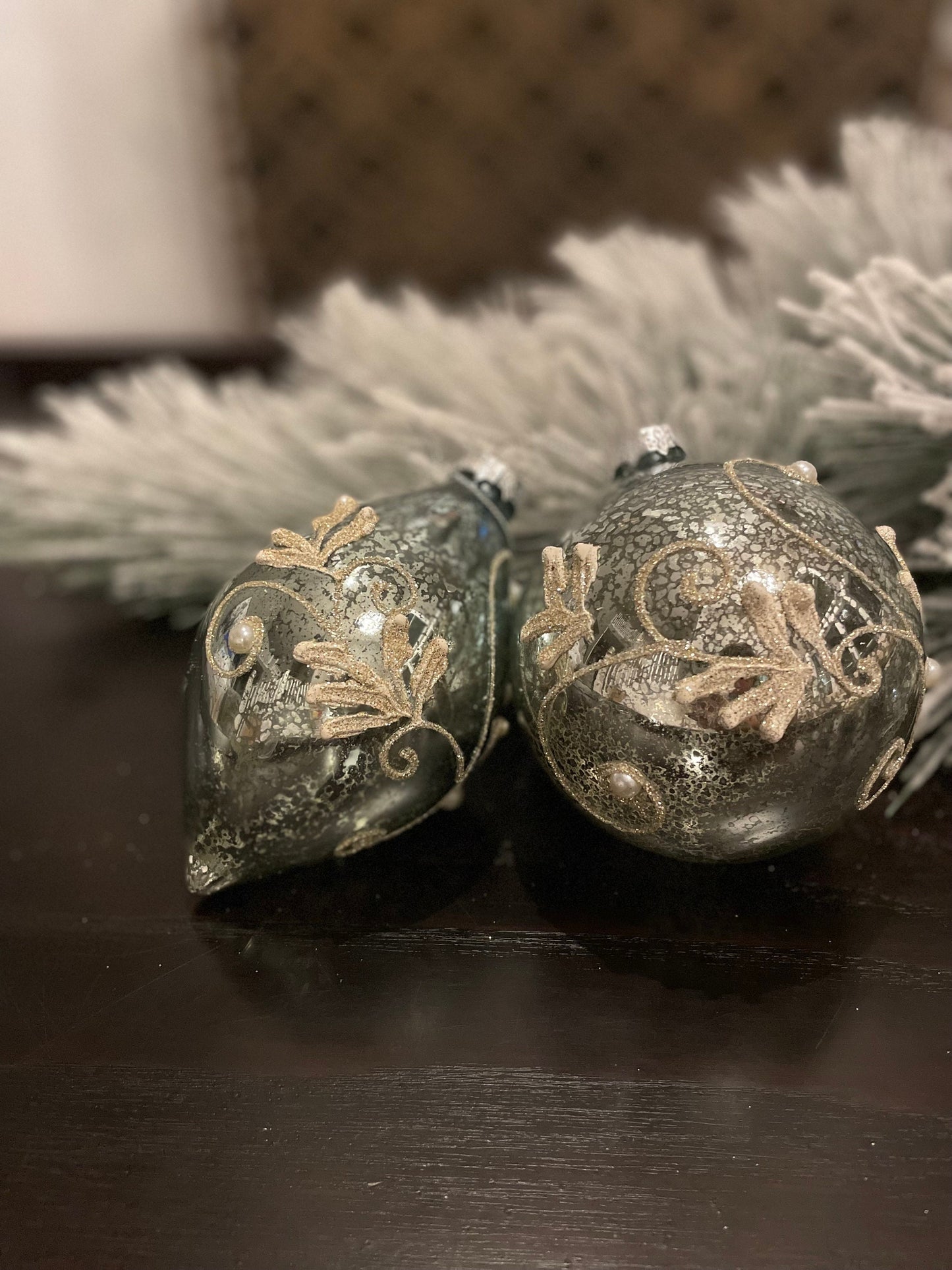Set of 2. 4-6” shiny mercury glass beaded and pearl ball and finial ornament. Aqua and gold.