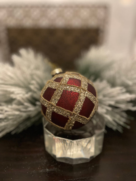 Set of 2. 4” glass gilded cranberry ball ornament.