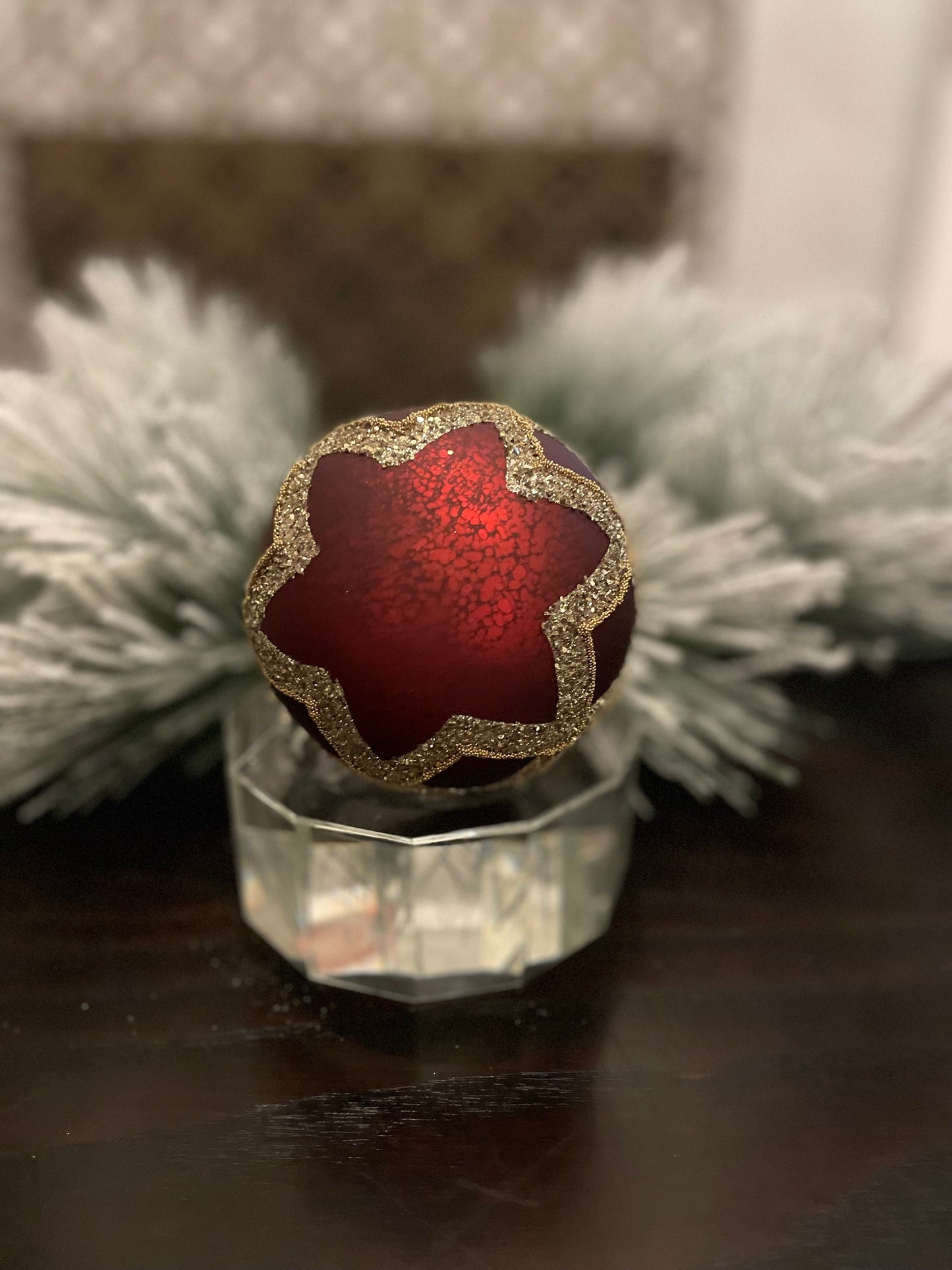 Set of 2. 4” glass gilded cranberry ball ornament.