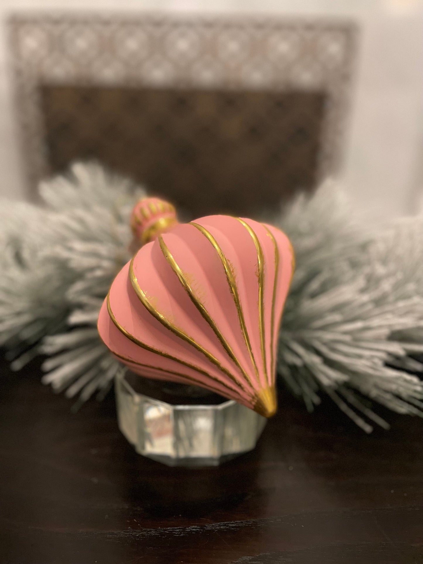 7” Onion ball ornament. Pink and gold. shatterproof